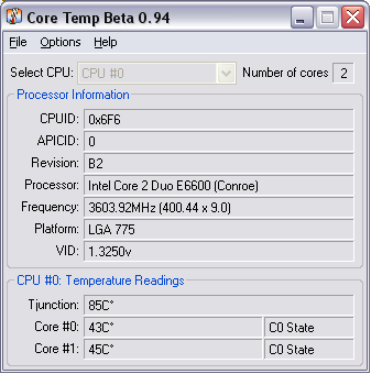 CoreTemp - это крохотная программа для мониторинга стояния процессоров
